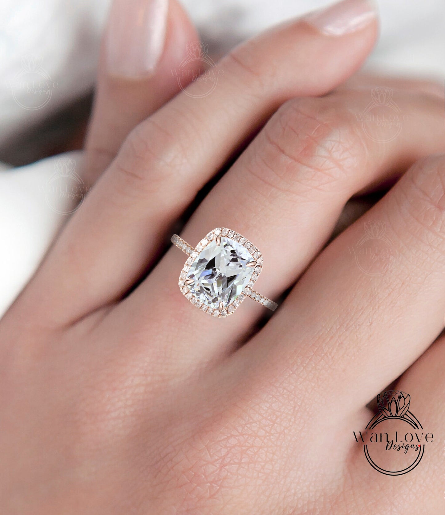 Elongated Cushion cut White Sapphire engagement ring gold vintage diamond halo engagement ring women Half eternity wedding Bridal Aniversary