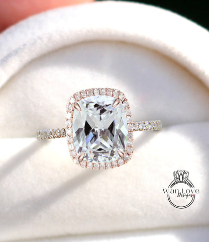 Elongated Cushion cut White Sapphire engagement ring gold vintage diamond halo engagement ring women Half eternity wedding Bridal Aniversary