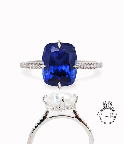 Anello di fidanzamento per celebrità con cuscino laterale allungato con zaffiro blu e diamante, oro 18kt personalizzato 14kt, platino, WanLoveDesigns