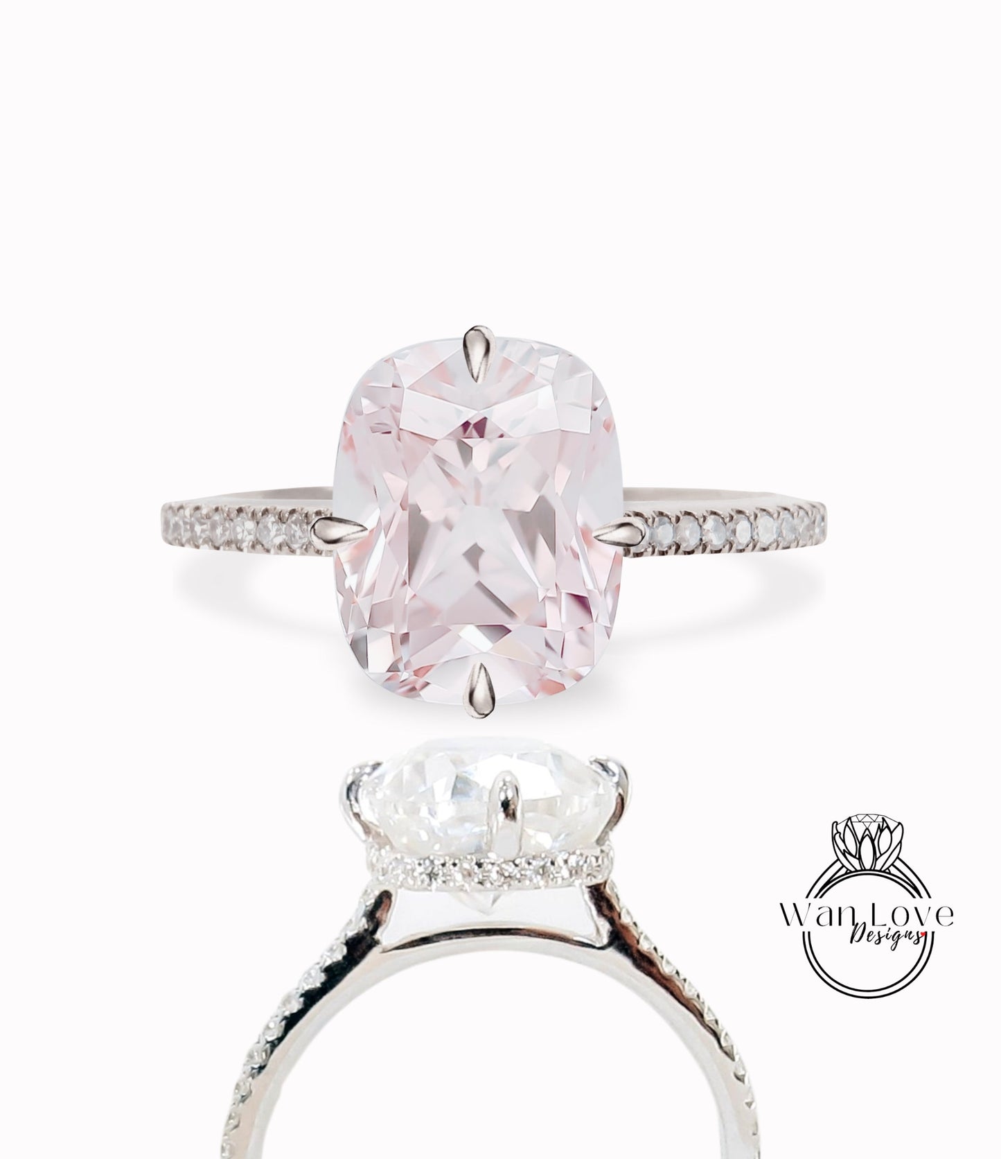 Anello di fidanzamento con alone laterale con cuscino allungato con diamante zaffiro rosa chiaro Stile celebrità personalizzato, oro 18kt 14kt-platino, WanLoveDesigns