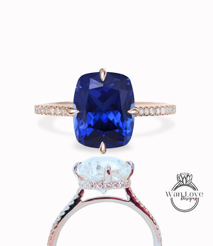 Anello di fidanzamento per celebrità con cuscino laterale allungato con zaffiro blu e diamante, oro 18kt personalizzato 14kt, platino, WanLoveDesigns