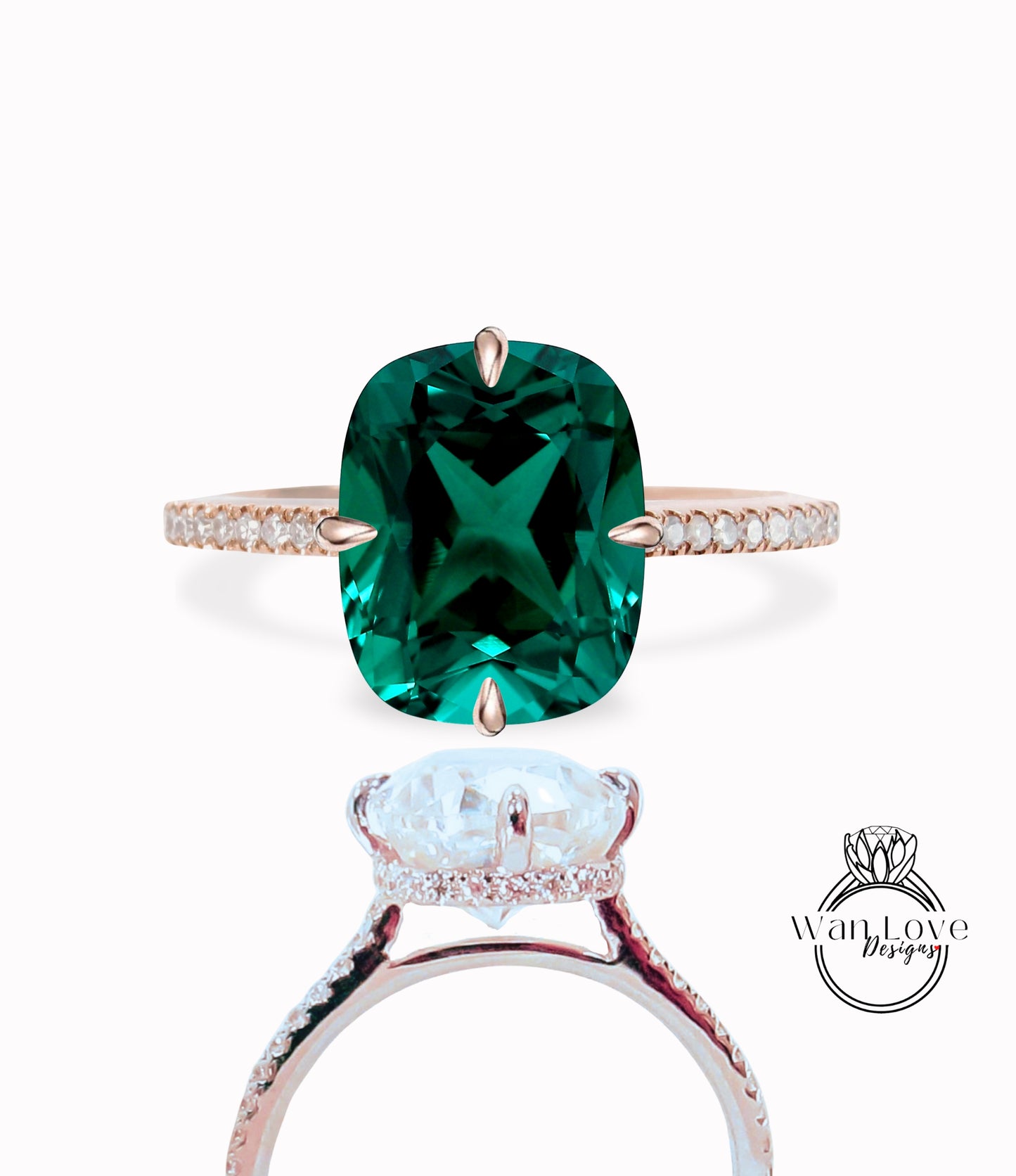 Emerald & Diamond Elongated Cushion Side Halo Celebrity Engagement Ring, NSEW Compass Prongs 3/4 Almost Eternity Custom 14kt 18kt Gold, Platinum, Anniversary Ring