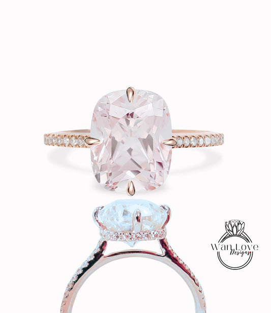 Anello di fidanzamento con alone laterale con cuscino allungato con diamante zaffiro rosa chiaro Stile celebrità personalizzato, oro 18kt 14kt-platino, WanLoveDesigns
