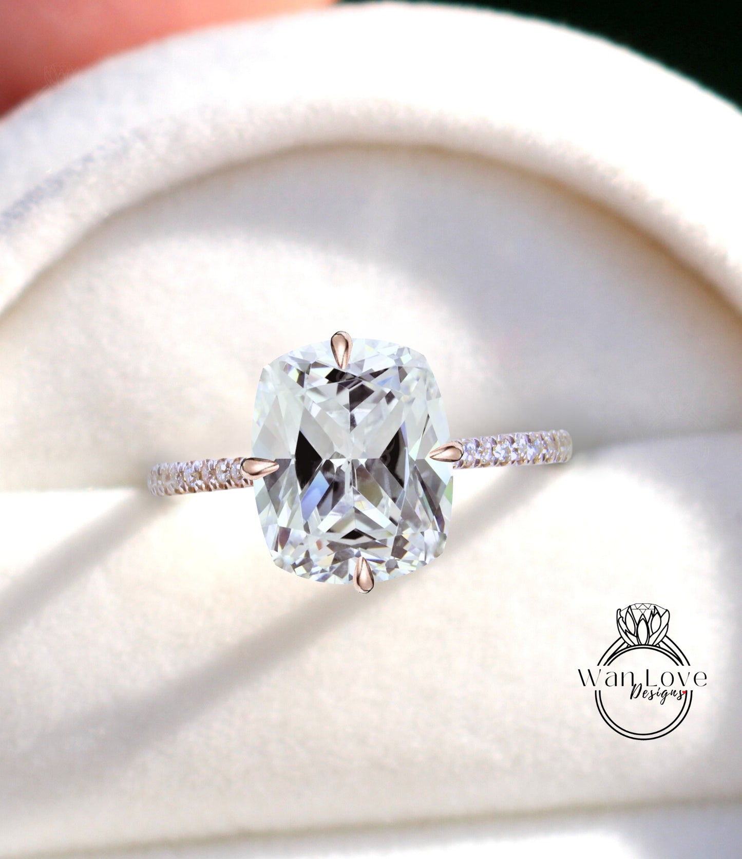 White Sapphire & Diamond Cushion Engagement Ring, Elongated, Celebrity, Custom, Statement, Wedding, Anniversary, Commitment, WanLoveDesigns