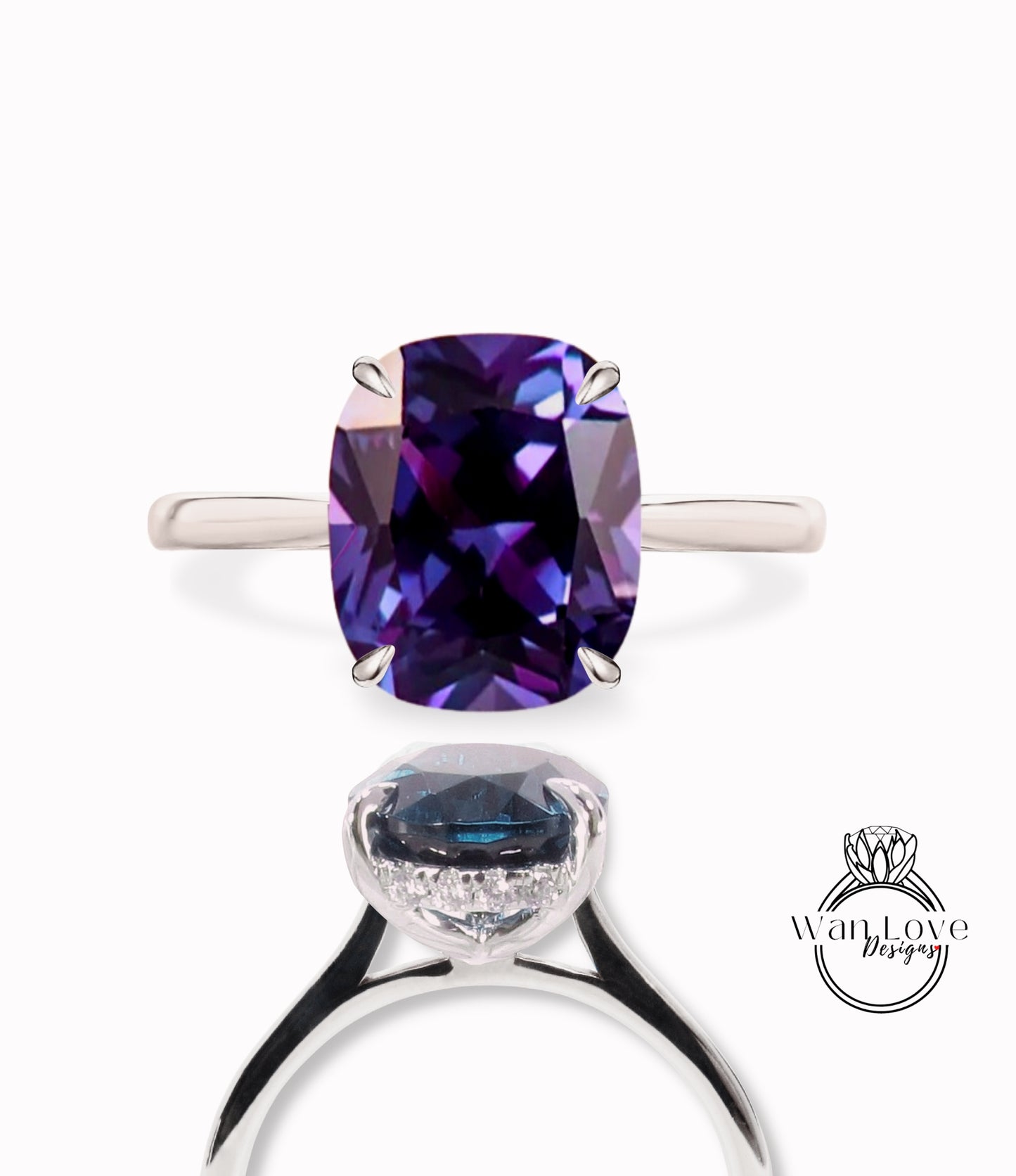 Anello di fidanzamento vintage allungato taglio cuscino zaffiro viola colore alessandrite anello alone nascosto fascia in oro rosa promessa nuziale anniversario