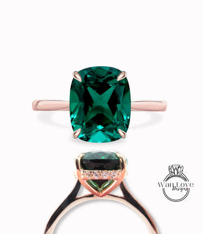 Art deco elongated cushion cut emerald engagement ring rose gold ring diamond hidden side halo ring anniversary promise bridal ring gift