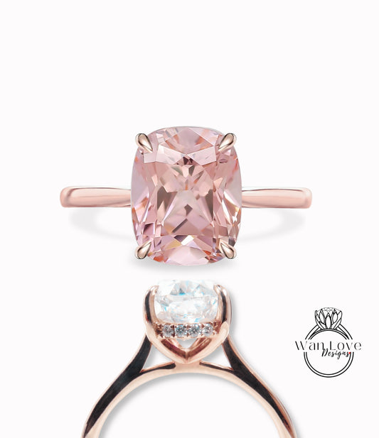 Art deco elongated cushion cut Peach Sapphire engagement ring rose gold ring diamond hidden side halo ring anniversary promise bridal ring