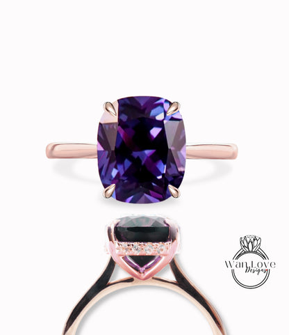 Anello di fidanzamento vintage allungato taglio cuscino zaffiro viola colore alessandrite anello alone nascosto fascia in oro rosa promessa nuziale anniversario