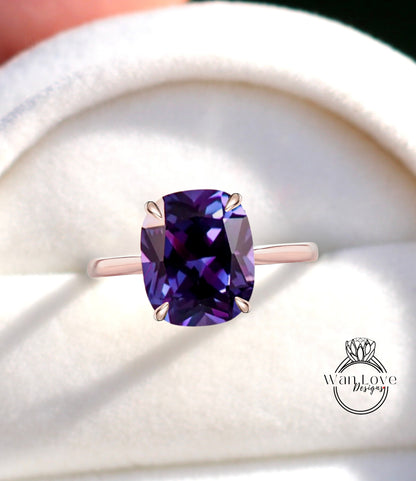 Anello di fidanzamento vintage allungato taglio cuscino zaffiro viola colore alessandrite anello alone nascosto fascia in oro rosa promessa nuziale anniversario