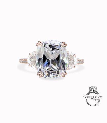 Anello di fidanzamento con diamanti smeraldo e moissanite Cuscino ovale mezza luna 3 pietre preziose 14k 18k bianco giallo oro rosa, platino, personalizzato