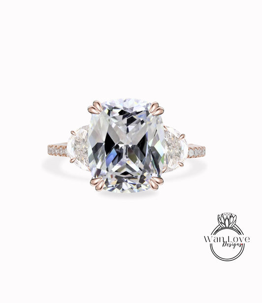 White Sapphire Diamonds & Moissanite Engagement Ring Oval Cushion Half Moon 3 Gem Stone 14k 18k White Yellow Rose Gold,Platinum,Custom