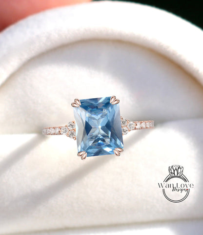 Emerald cut Aquamarine Blue Spinel engagement ring vintage diamond Cluster gold engagement ring for women Bridal anniversary gift for her