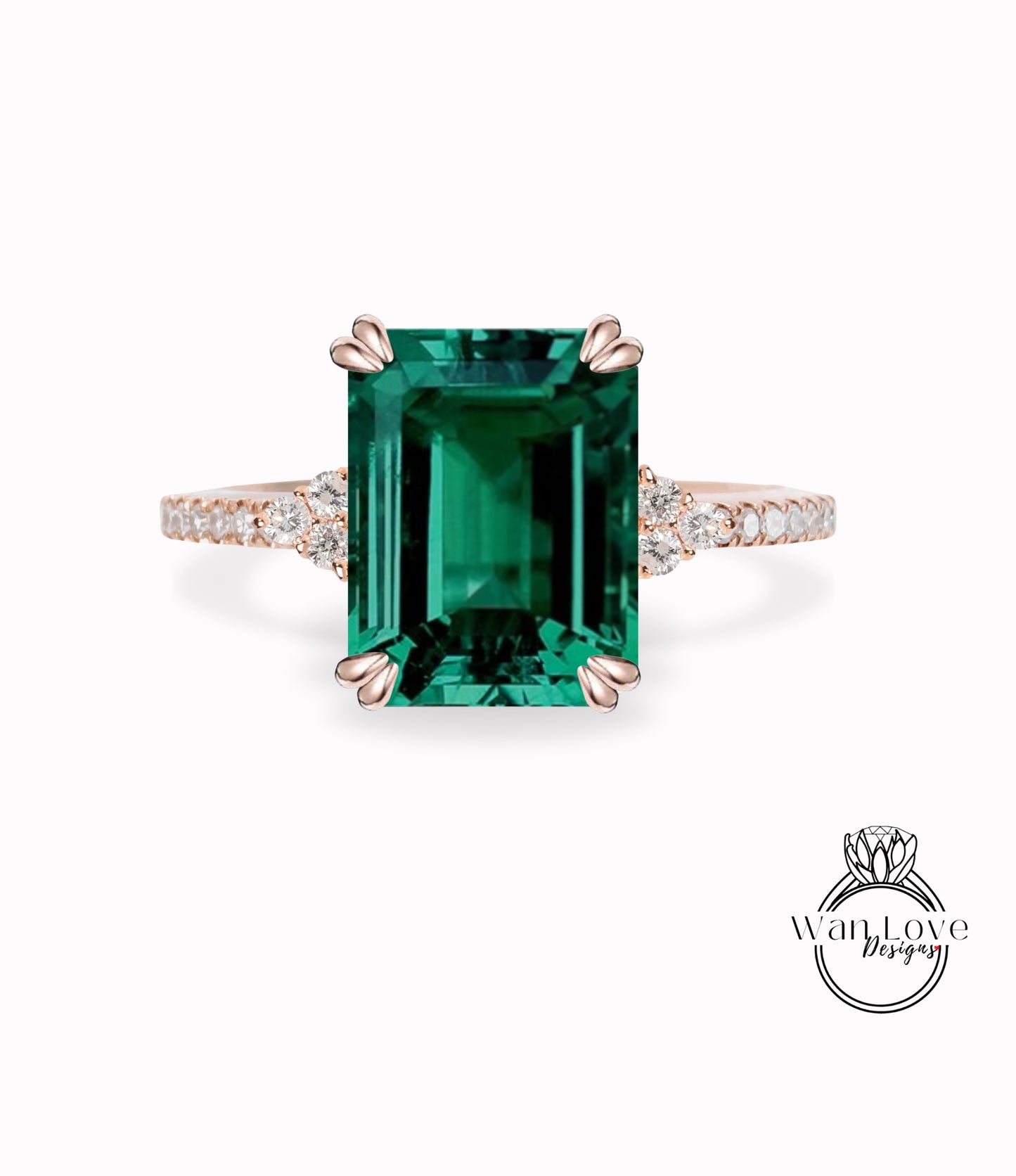 Emerald cut Green Emerald engagement ring vintage diamond Cluster gold engagement ring for women Bridal anniversary gift for her