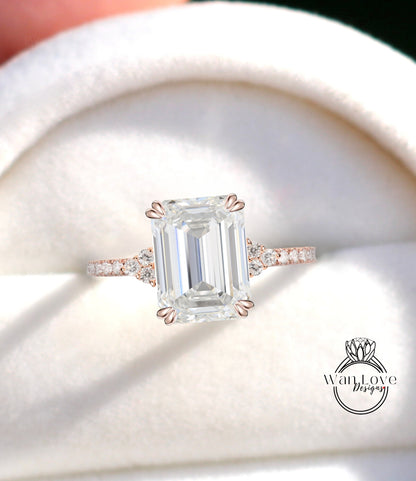 Anello di fidanzamento Moissanite taglio smeraldo diamante vintage Cluster anello di fidanzamento in oro rosa per le donne Regalo di anniversario nuziale Art Deco per lei