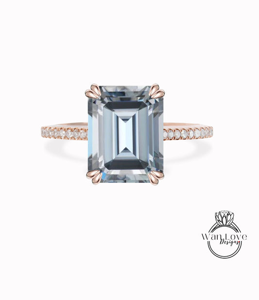 Emerald Grey Moissanite Engagement Ring Antique Rose Gold minimal Diamond band Art Deco Delicate Wedding Bridal Anniversary Promise Ring