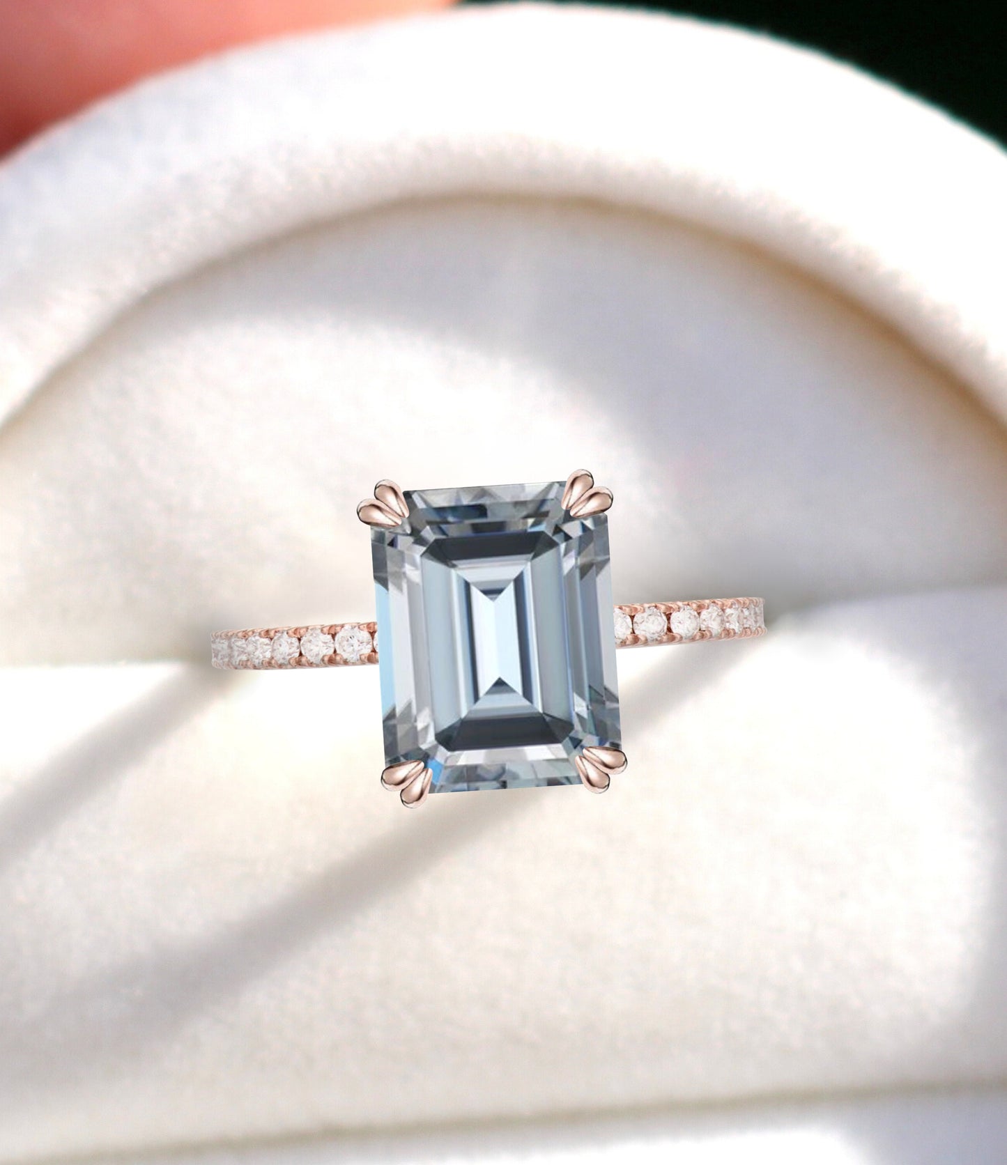 Anello di fidanzamento Moissanite grigio smeraldo Anello minimo in oro rosa antico con fascia di diamanti Art Deco Delicato anello di promessa di anniversario di matrimonio