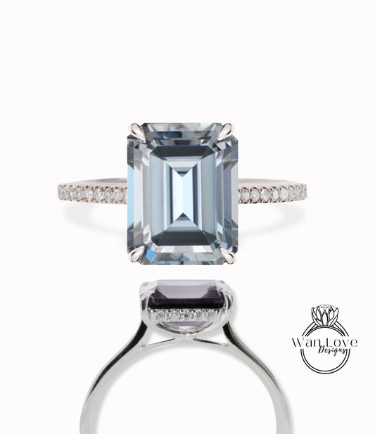 Emerald Gray Moissanite Engagement Ring Radiant Side Halo Diamond gold Ring Art Deco Wedding Bridal Ring Anniversary Promise Ring (Copy)