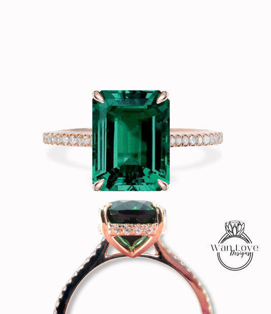 Emerald & Diamond Side Halo Half Eternity Halfway Engagement Ring, Custom, Wedding, 14k 18k White Rose Yellow Gold, Platinum, WanLoveDesigns