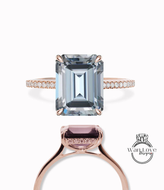 Hidden Side Halo Emerald cut Grey Moissanite Diamond Half Eternity Engagement Ring, Radiant Art Deco ring,Wedding Bridal Anniversary Promise Ring