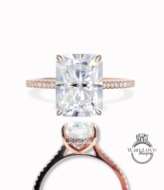Moissanite engagement ring radiant cut ring white gold hidden side halo ring moissanite diamond ring vintage prong ring anniversary ring
