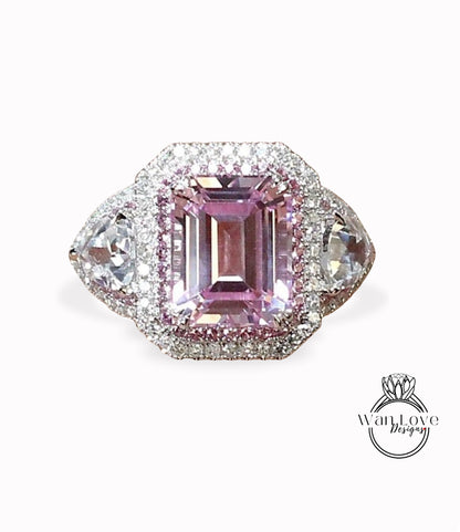 Light Pink Sapphire & Diamond 2 Halo Engagement Ring, Split Shank, 4ct 10x8mm-Krupps-5mm-Trillion-14k 18k Gold, Platinum, Wedding