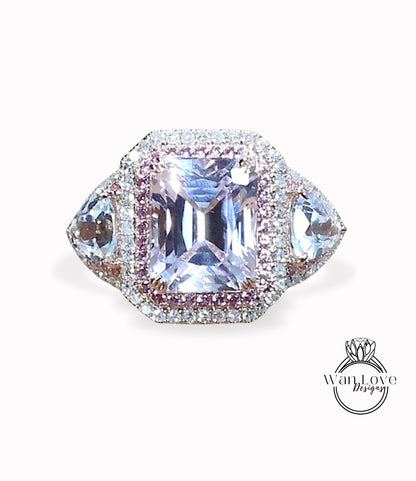 Anello di fidanzamento con zaffiro rosa chiaro e diamanti con 2 Halo, gambo diviso, 4 ct 10x8 mm-Krupps-5 mm-trilioni-14 kt oro 18 kt, platino, matrimonio