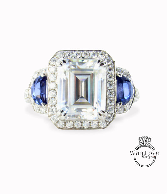 Art deco elongated cushion Moissanite & Blue Sapphires Engagement ring rose gold three gem stone ring half moon diamond halo ring anniversary promise ring