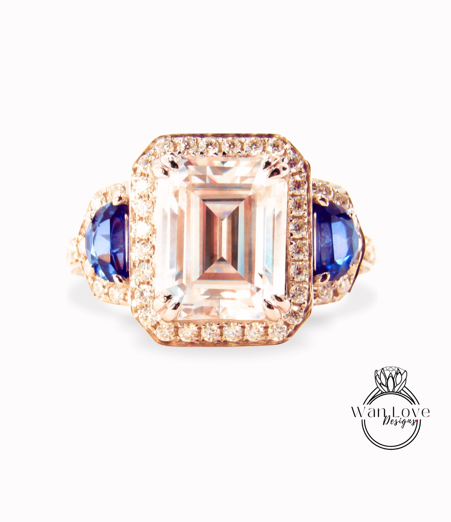 Art deco elongated cushion Moissanite & Blue Sapphires Engagement ring rose gold three gem stone ring half moon diamond halo ring anniversary promise ring