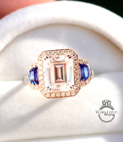 Inserzione personalizzata per Judy Moissanite e zaffiro blu Art deco mezza luna taglio trapezoidale anello di fidanzamento oro 3 pietre preziose anniversario anello unico taglio smeraldo