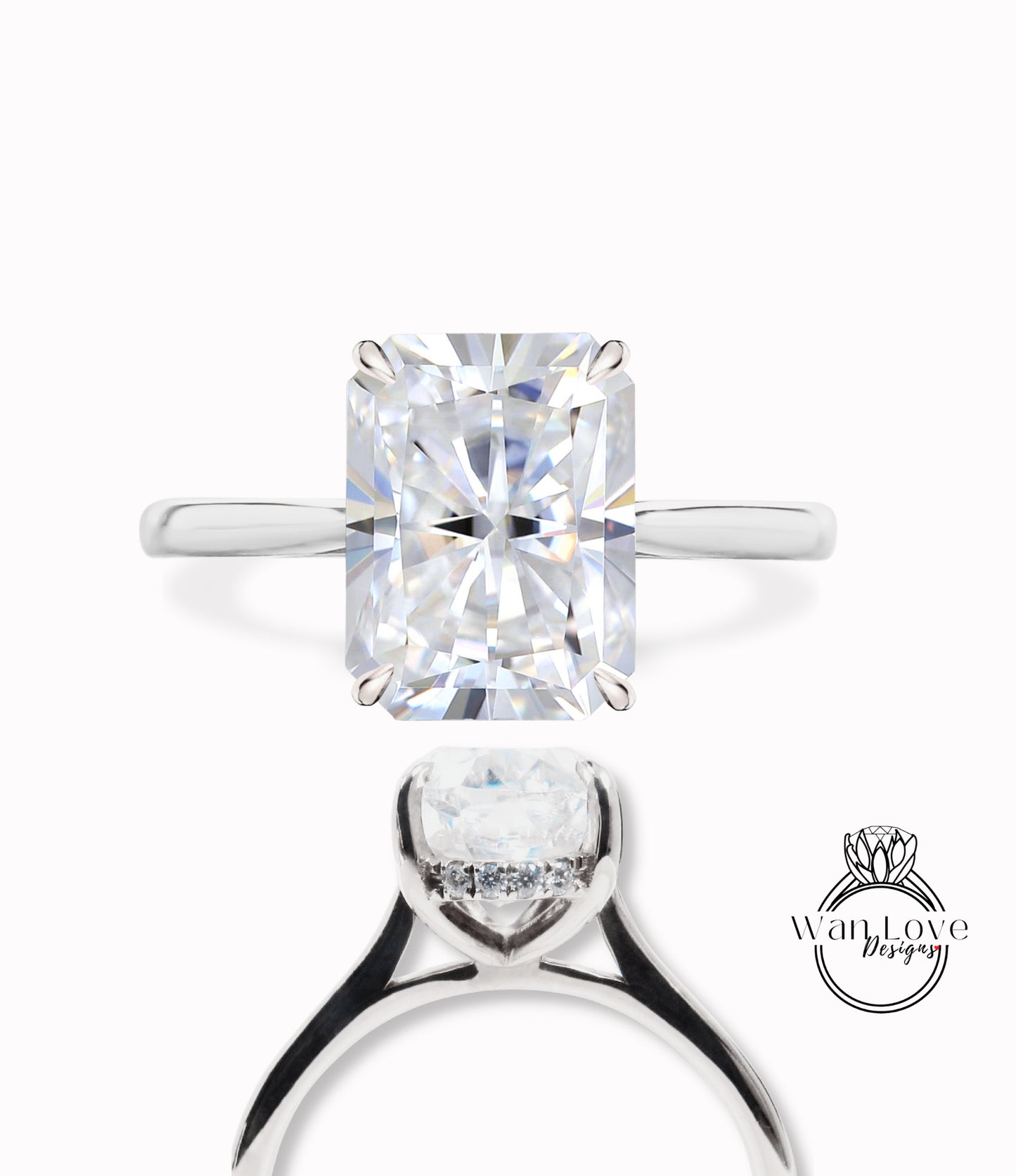 Radiant Moissanite Engagement Ring Emerald Diamond Side Halo tapered plain gold Ring Art Deco Wedding Bridal Ring Anniversary Promise Ring