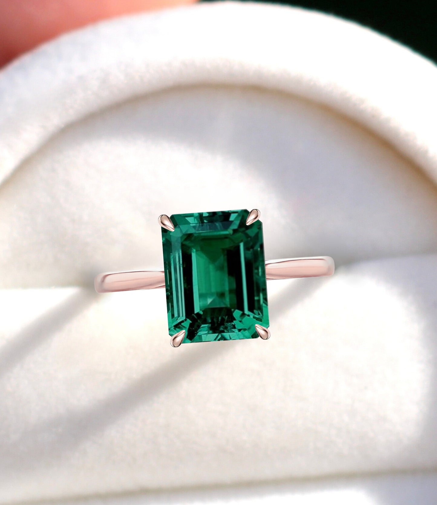 Emerald Engagement Ring Rose gold Emerald cut engagement ring tapered plain band diamond side halo wedding Bridal ring promise Anniversary