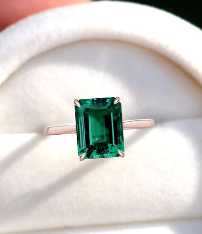 Emerald Engagement Ring Rose gold Emerald cut engagement ring tapered plain band diamond side halo wedding Bridal ring promise Anniversary