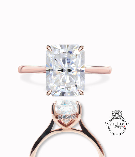 Radiant Moissanite Engagement Ring Emerald Diamond Side Halo tapered plain gold Ring Art Deco Wedding Bridal Ring Anniversary Promise Ring