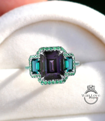 Custom Listing, Alexandrite Emerald Green Engagement Ring 3 Triple Halo Gem stone 4ct 10x8mm 14k 18k Rose White Gold Platinum Anniversary