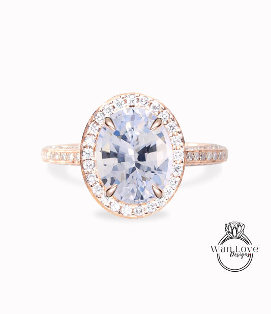 White Sapphire & Diamond Oval Halo 3 sided Engagement Ring, 14k 18k White Yellow Rose Gold, Platinum, Wedding, Anniversary Gift