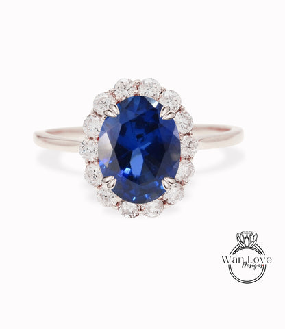 Oval Blue Sapphire Engagement Ring vintage Unique Round cut diamond Cluster ring Rose gold ring Bridal ring Anniversary gift