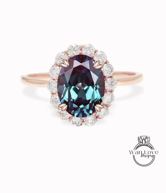 Oval Alexandrite Engagement Ring vintage Unique Round halo diamond Cluster ring Rose gold ring antique diamond Bridal ring Anniversary gift