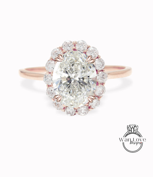 Oval Cluster Halo Diamond Engagement Ring, Vintage Halo Oval Diamond Engagement Ring, Rose Gold Oval floral Ring, Anniversary IGI Diamond Ring