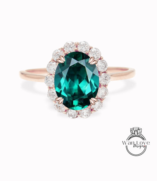 Oval Emerald Engagement Ring vintage Unique Round halo diamond Cluster ring Rose gold ring antique diamond Bridal ring Anniversary gift