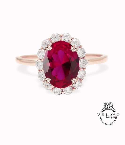 Oval Ruby Engagement Ring vintage Unique Round halo diamond Cluster ring Rose gold ring antique diamond Bridal ring Anniversary gift