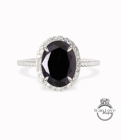 Diamond Halo Ring Black Moissanite & Diamond Oval Halo Engagement Ring Art Deco Diamond Halo Ring wedding anniversary bridal promise ring