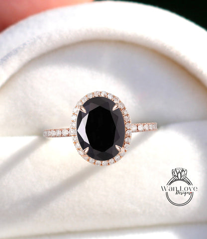 Diamond Halo Ring Black Moissanite & Diamond Oval Halo Engagement Ring Art Deco Diamond Halo Ring wedding anniversary bridal promise ring