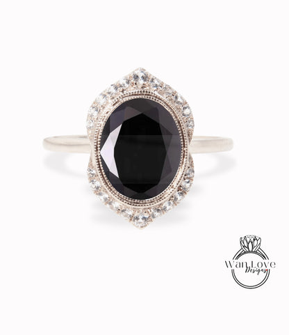 Black Spinel & Diamond Art Deco Unique Oval Bezel Halo WITH or Without Milgrain Engagement Ring, Custom, 14k 18k Rose Gold, WanLoveDesigns