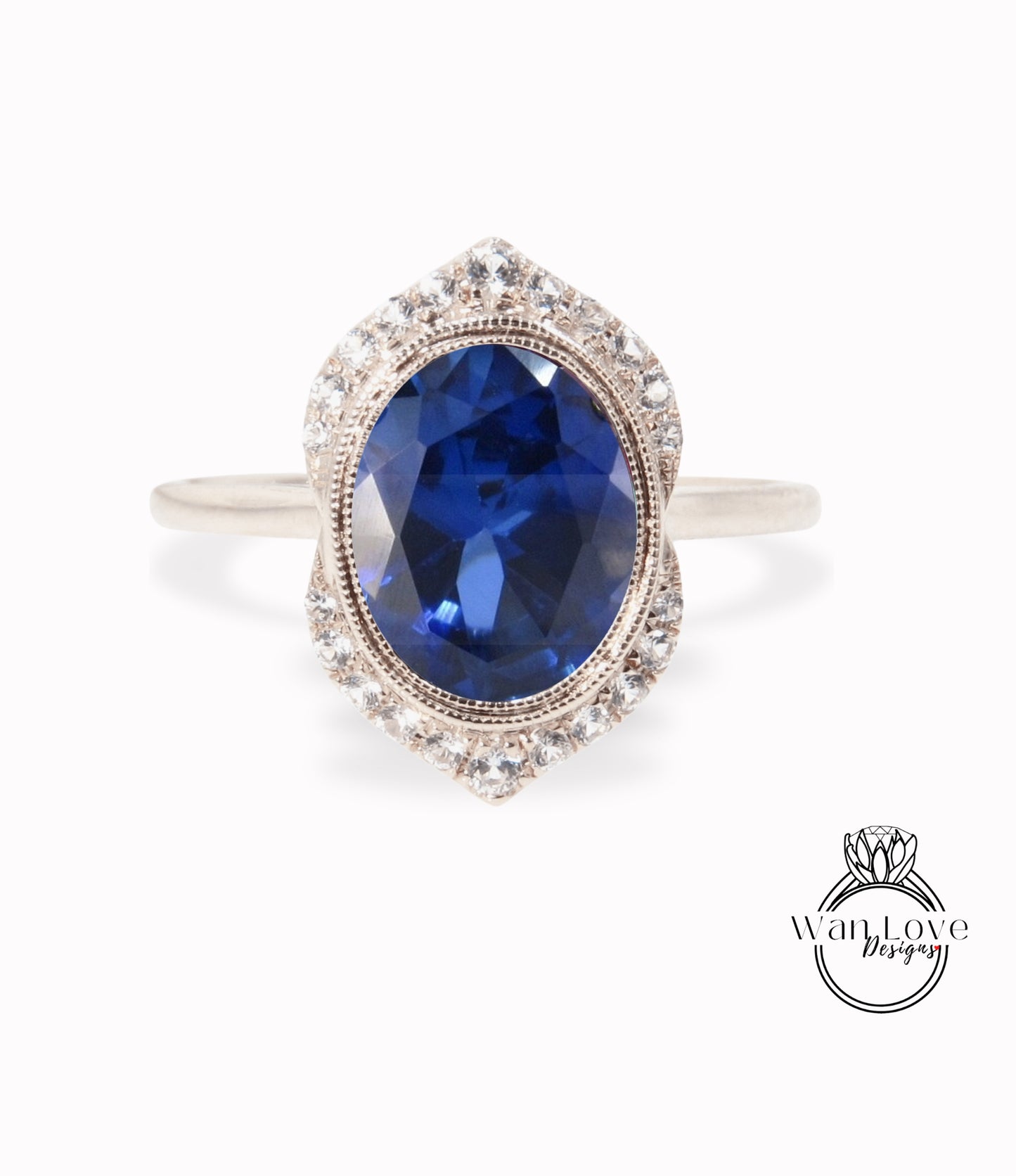 Zaffiro blu e diamante Art Deco unico lunetta ovale Halo CON o senza anello di fidanzamento Milgrain, personalizzato, oro rosa 14k 18k, WanLoveDesigns