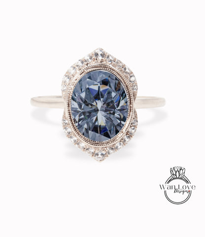 Anello di fidanzamento Moissanite grigio di forma ovale vintage Anello di fidanzamento con lunetta di diamanti Art Déco Anello antico Anello da sposa unico Anello di promessa di anniversario