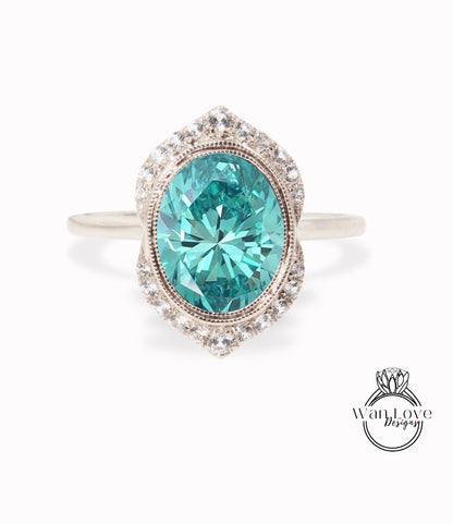 Anello di fidanzamento Moissanite blu di forma ovale vintage Anello Art Déco con lunetta di diamanti Anello antico Anello da sposa unico Anello di promessa di anniversario