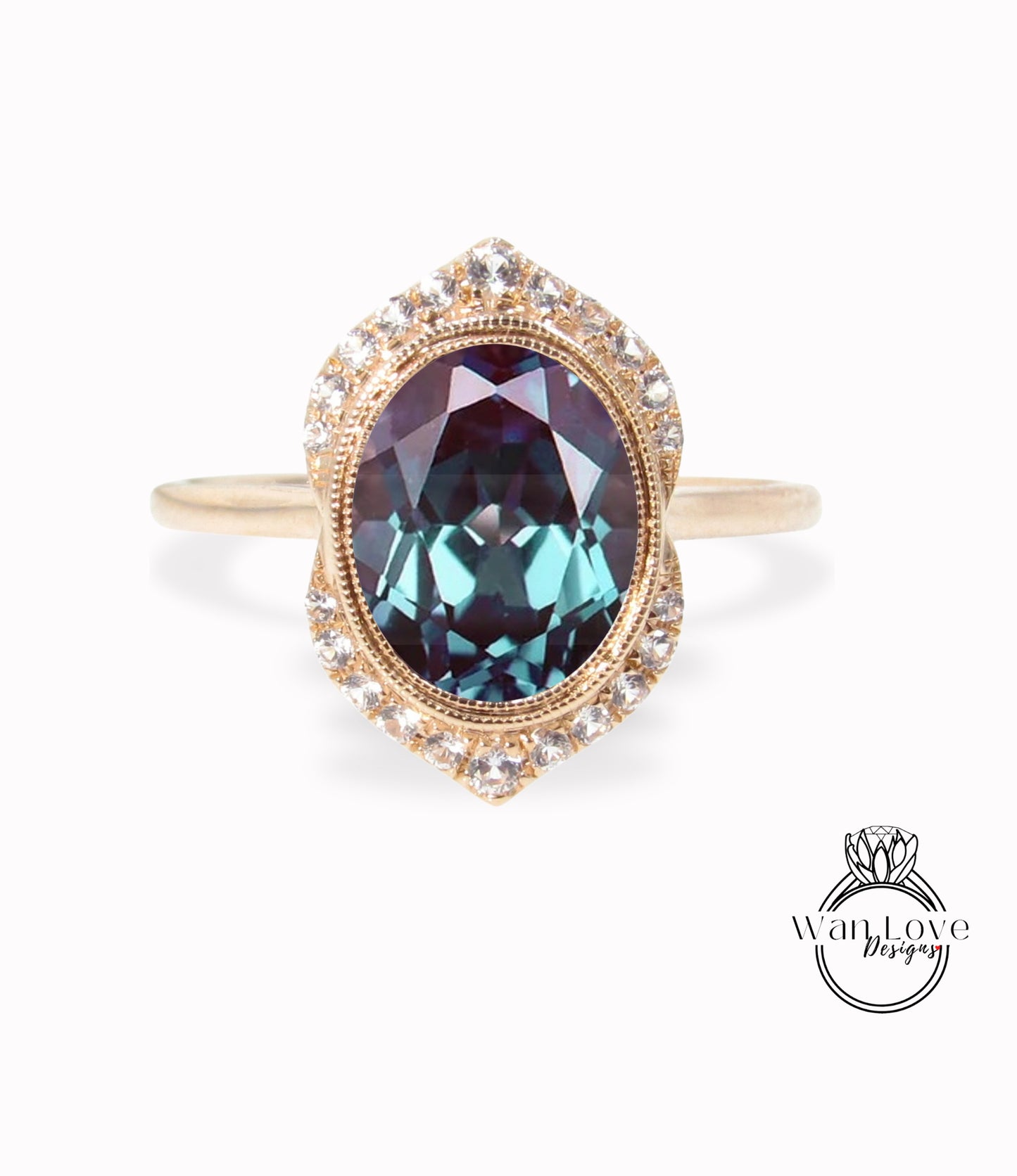 Alexandrite Diamond Art Deco Unique Oval Bezel Halo WITH or Without Milgrain Engagement Ring Unique Oval Halo Wedding Ring Diamond Gold Ring