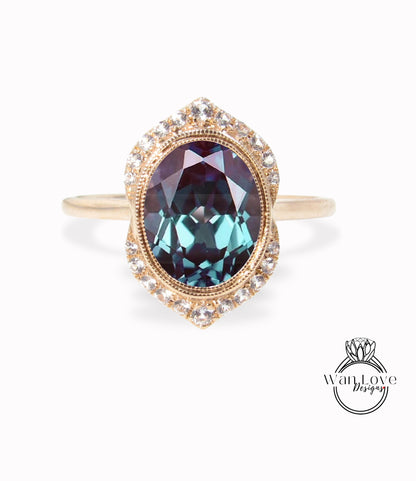 Alexandrite Diamond Art Deco Unique Oval Bezel Halo WITH or Without Milgrain Engagement Ring Unique Oval Halo Wedding Ring Diamond Gold Ring