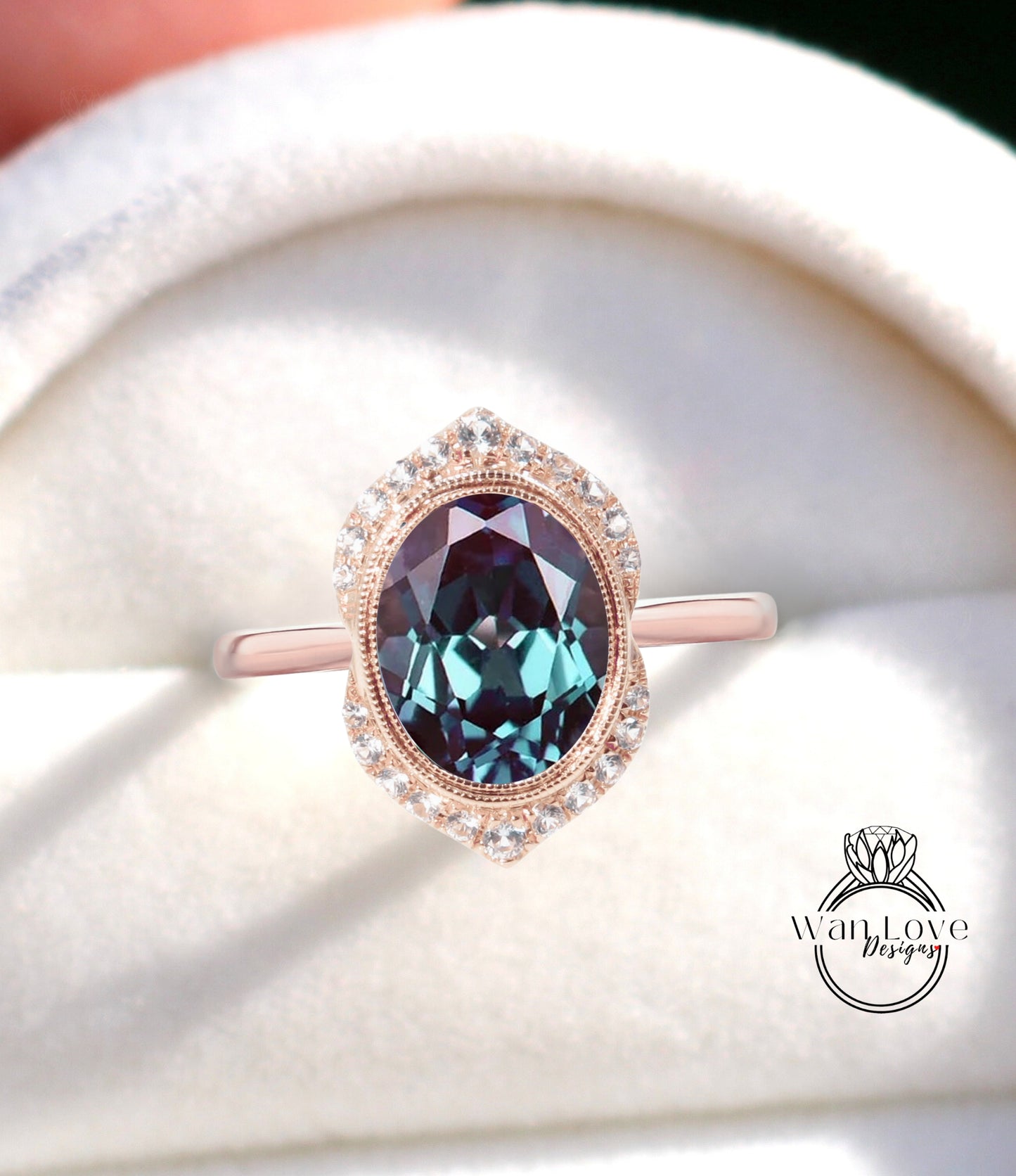 Alexandrite Diamond Art Deco Unique Oval Bezel Halo WITH or Without Milgrain Engagement Ring Unique Oval Halo Wedding Ring Diamond Gold Ring