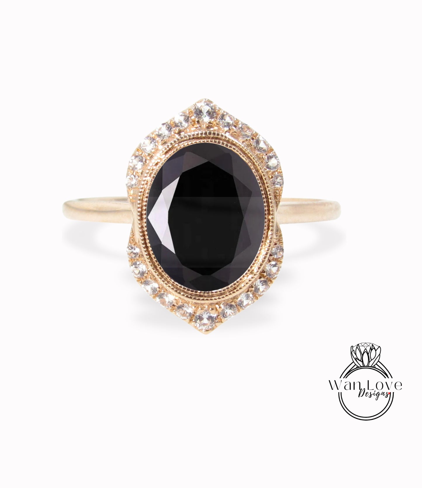 Black Spinel & Diamond Art Deco Unique Oval Bezel Halo WITH or Without Milgrain Engagement Ring, Custom, 14k 18k Rose Gold, WanLoveDesigns